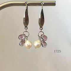 피어싱 담수 진주 & 라벤더 컬러 체코 비즈 ・・✽・・ 〈진주 서지컬 스테인리스 훅>