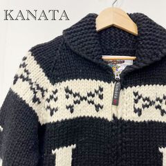 KANATA カナタ ジップアップ カウチンニット カウチンセーター トーテムポール ウール クロス ブラック モノトーン _208
