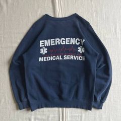 90s　vintage　EMERGENCY MEDICAL SERVICE　FIRE RESCU　両面ロゴプリント　医療消防　ラグランスリーブ　ボロ古着　短丈スウェット　フェード感　ネイビー　M　EMS logo boro raglan sweat shirt