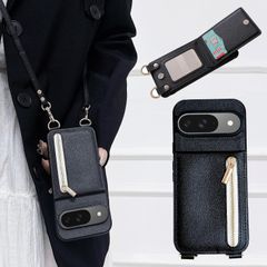 Google Pixel 9/9Pro ケース 高質レザー 肩掛け 首かけ 斜めがけ ショルダー ミラーケース 便利 カードポケット スタンド機能 落ち着いた色 調節可能 軽量 多機能 縦置き ICカード収納 財布型 耐衝撃 携帯 鏡付き ブラック