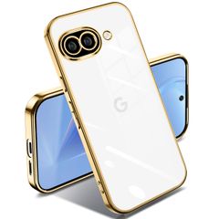 SATLITOG Google Pixel 9a 向けの ケース クリア メッキフレーム 強化ガラス背面 カメラレンズ保護 光沢メタリック調 耐衝撃