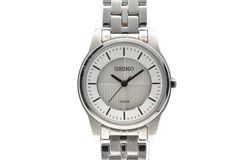 SEIKO セイコー V111-0BK0 ソーラー レディース ホワイト 白 文字盤 ツートン バーインデックス ステンレス シルバー ブレス 三つ折れ ラウンド 10気圧防水 光発電 シンプル 腕時計 稼働品 レディース腕時計 セイコー腕時計 稼動品