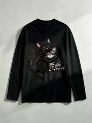 다가오는 검은 고양이와 호랑이 고양이 사이 좋은 고양이 그림 프론트 프린트 긴팔 T 셔츠 남녀 겸용 느긋한 실루엣 고양이 좋아하는 귀여운 캐주얼 평상복 선물