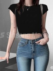 迅速発送 クロップドTシャツ クロップド半袖Tシャツ ストレッチTシャツ リブTシャツ クロップド半袖Tシャツ クロップド 半袖