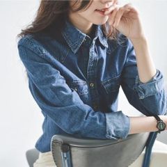 デニムシャツ レディース ウエスタンシャツ 長袖 ブラウス ダンガリーシャツ ウォッシュ ウエスタンデニム サックス ブルー シャツ