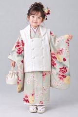 七五三 三歳 女児 被布 着物 フルセット ペールグリーンー×アイボリー Dress up Hair ポリエステル 祝着 NO44076