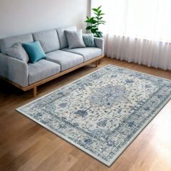 INOVADAY 카펫 러그 매트 90×150 cm 카펫 페르시아풍 빨 수있는 러그 미끄럼 방지 올 시즌 라이트 블루 × 화이트 床暖房 ホットカーペット対応 簡単に掃除 撥水加工 低ホルム おしゃれ アンティーク 花柄★m 483c4f9a