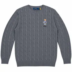 【POLO ラルフローレン 海外アウトレット直営店限定商品】 メンズ ウール&コットン クルーネック ケーブル編み セーター ポロベアー刺繍 GRAY【XXL】