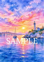 2376 夕焼けの海と灯台 水彩画風 デジタルアート 風景画 インテリア 2Lサイズ