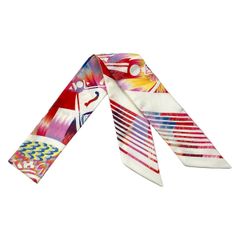 HERMES(エルメス) スカーフ美品  ツィリー 白×ピンク×マルチ リボンスカーフ/マーブルシルク/エクスリブリス