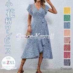 원피스 レディース ロング 원피스 미사용 Aライン フレア 원피스 半袖 小花柄 総柄 Vネック 体型カバー ゆったり カジュアル 可愛い 柄物 サマー 夏 涼しい 夏服 ビーチ