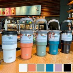タンブラー 持ち運び TYESOタンブラー 600ml こぼれない ストロー 持ち運びタンブラー 保温 保冷 蓋付き 水筒 マグ ストロー付きタンブラー 取っ手 2way