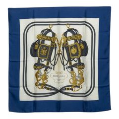 エルメス カレ90 BRIDES de GARA 式典用馬勒 スカーフ 大判スカーフ ホワイト ブルー系 シルク レディース HERMES【1-0290811】