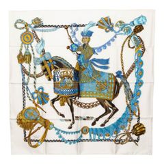 エルメス カレ90 Le Timbalier ティンパニ奏者 スカーフ 大判スカーフ ブルー系 ホワイト系 シルク レディース HERMES【1-0293140】
