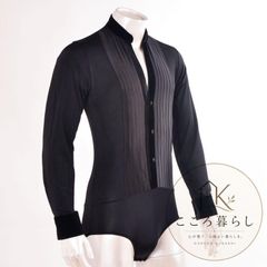 新品未使用 【サテンブラック】 メンズ ラテン舞トップス 小立領デザイン サテン切替 開襟ボタン仕様 三角パンツ一体型 長袖ストレッチシャツ 社交ダンス・ラテン・競技ダンス・練習着に最適 ブラック M/L/XL展開 高品質メンズダンスウェア