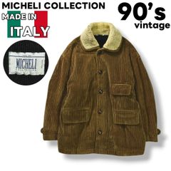 90s ヴィンテージ イタリア製 ミケーリ コレクション MICHELI COLLECTION 太畝 コーデュロイ ボア ミドル コート ジャンパー 裏起毛 パイル くるみボタン 50 ブラウン 레트로 カジュアル メンズ