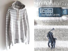 상태좋음 Polo by Ralph Lauren ラルフローレン ポロポニーロゴ刺繍 前V ボーダー ニットスウェット プルオーバー パーカー M グレー ホワイト