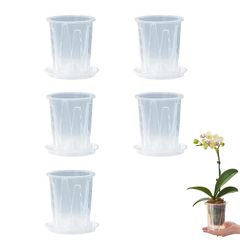新品 5個セット 植木鉢 透明 底皿付き スリット鉢 透明 観葉植物 プラスチック 鉢植え 穴付き 受け皿付き 胡蝶蘭鉢 育苗ポット 園芸用品 14cm
