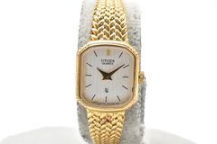 CITIZEN シチズン 3220-956192 クオーツ 腕時計 シルバー 文字盤 ゴールドカラー ブレス 1980年代 レディース 中古