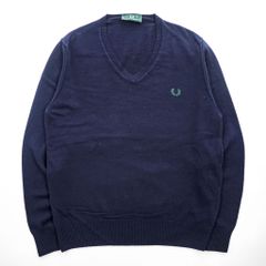 FRED PERRY イタリア製 90年代 ヴィンテージ Vネック ニット セーター L ネイビー ワンポイントロゴ