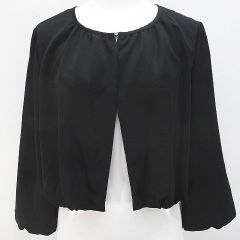 ヒロココシノ HIROKO KOSHINO 長袖 カーディガン ボレロ 40 黒系 ブラック 無地 光沢 ビジュー ホック 裏地 ギャザー タグ付