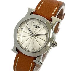 HERMES エルメス Hウォッチ ロンド クオーツ 腕時計 HR1.210 サイズM 白文字盤 シルバーカラー 여성 중고 古着 USED 良品