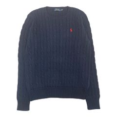 상태좋음 POLO RALPH LAUREN ポロ・ラルフローレン クルーネック ニット セーター ロゴ ポニー 刺繍 コットン Ｍ ネイビー レディース 古着 중고 USED
