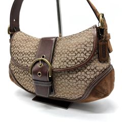 良品 COACH コーチ ソーホー マイクロシグネチャー ミニシグネチャー ショルダーバッグ Y2K soho shoulder bag hobo bag buckle flap beige brown canvas suede leather