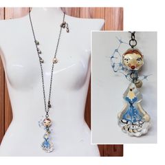 【レア・一点物】JAPONICA ハンドペイント ドールモチーフ ロングネックレス クリスタルガラス アートアクセサリー 大ぶりネックレス レトロ