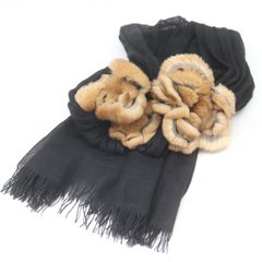 IT1QM4CBL2SK FENDI フェンディ ストール カシミア シルク チンチラ ファー フラワー ブラック 黒 レディース 小物
