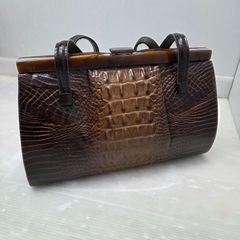 810 S07941 럭셔리 가죽 특수 소재 몰드 핸드백 벨코 가마구치 브라운 핸드백 쇼와 레트로 일본식 가방 여성