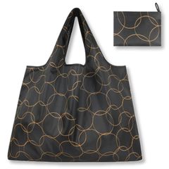 新品 エコバッグ 折りたたみ 大型 Lサイズ 幅58cm 1個売り 大容量 高コスパ ブラック円形柄 サークル・プリント 買い物バッグ レジ袋 ショッピングバッグ 軽量 防水 強化ナイロン 洗濯可能 オシャレ カワイイ 手提げ スーパー コンビニバッグ