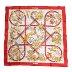 HERMES エルメス カレ90 鳥と花 白×赤 シルク100％ スカーフ 赤 管理番号：11879