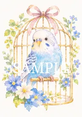 2404 セキセイインコ 鳥かご 花 水彩画風 2L判 インテリアアート