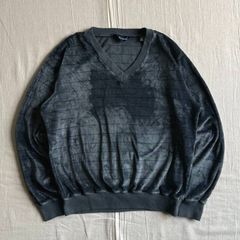 ～90s　vintage　シンガポール製　KING SPORT　細ボーダー柄　グレー×ブルーパープル　ベロア　Vネックカットソー　短丈スウェット　色ムラ感　グランジ　L　Y2K　C-BOY　stripe pattern velour sweat shirt