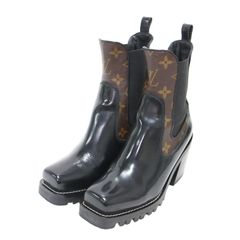LOUIS VUITTON ルイヴィトン 34.5 21.5cm リミットレスライン モノグラム チェルシーブーツ ショートブーツ サイドゴア スクエアトゥ ヒール コンビ レザー ブラック ブラウン イタリア製 ブランド シューズ レディース 중고