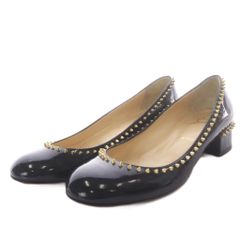 クリスチャンルブタン Christian louboutin パンプス チャンキーヒール スパイクスタッズ エナメルレザー 37.5 ブラック /YO6 ■GY62