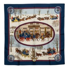 エルメス カレ90 L'Hiver en Poste 冬の郵便馬車 スカーフ 大判スカーフ ネイビー ホワイト シルク レディース HERMES【1-0292744】