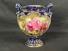 初期輸出用 コバルトブルー 金彩 花文 手描き 花瓶 オールドニッポン