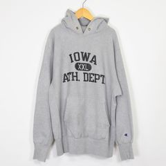 Champion 챔피언 REVERSE WEAVE リバースウィーブ トリコタグ 90s USA製 刺繍タグ 後期 ヴィンテージ フーディ スウェット パーカー プルオーバー アイオワ大学 IOWA カレッジロゴプリント 黒3段プリント グレー XL