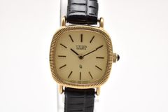 CITIZEN シチズン 88-5451 クオーツ レディース ゴールド 文字盤 バーインデックス ゴールドカラー クッション 小ぶり 黒 レザーベルト 西ドイツ組立 ヴィンテージ 腕時計 稼働品 レディース腕時計 シチズン腕時計 ウォッチ WATCH 稼動品
