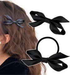 Herbeluemily ハベルミリィ リボンクリップ リボンゴム PUレザー ヘアピン 蝶結び レザー風 髪飾り 大人 Eクリップ+ヘアゴム-ブラック, 「リボン」幅約9cm「クリップ」長さ約5.6