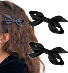 Herbeluemily ハベルミリィ リボンクリップ リボンゴム PUレザー ヘアピン 蝶結び レザー風 髪飾り 大人 Aクリップセット-ブラック, 「リボン」幅約9cm「クリップ」長さ約5.6