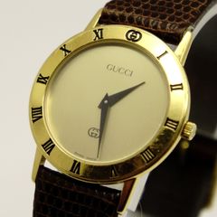 新品電池 グッチ 腕時計 GUCCI 3000J ローマンベゼル ゴールド 30.4mm 最大17.5cm 純正レザーベルト 革ケア済 クォーツ 稼働品