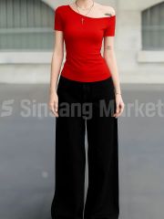 迅速発送 ONEオフショルダー アシンメトリーシャーリング 半袖T ストレッチTシャツ リブTシャツ