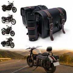 バイク サイドバッグ 左右セット 22L 大容量 サドルバッグ PUレザー 撥水 防水 ハードシェル バイク用 汎用 フランスデザイン ダイヤルロック2個、ドリンクホルダー1個付き 片側容量約11L レブル250as 9b58ba47