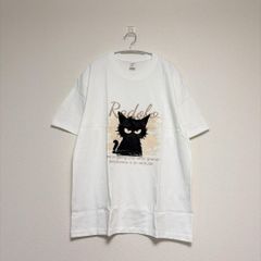 黒猫 プリント Tシャツ 半袖 XL 白 猫柄 綿100% オーバーサイズ