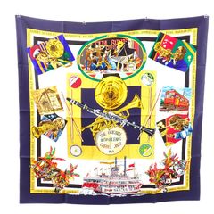 エルメス HERMES カレ90 THE ORIGINAL NEW ORLEANS CREOLE JAZZ 1923 ヴィンテージ スカーフ シルク 大判スカーフ ネイビー 紺 イエロー ジャズ 管楽器 音楽 ファッション レディース 중고 ABランク