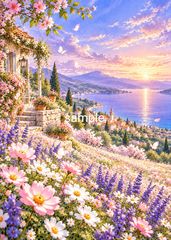 世界が微笑む朝 花畑と朝焼けの絶景 癒しの風景画 水彩アート インテリア 幸せ色の風景 collection No.004 《A4・A3対応》