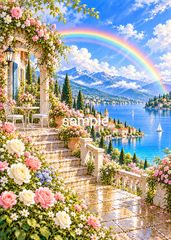虹の向こうに待つ幸せ 虹と青い湖 薔薇の花園 癒しの風景画 インテリアアート 幸せ色の風景 collection No.006 《A4・A3対応》